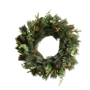 Realistic Christmas wreath with green PE pine needles, natural pinecones and eucalyptus leaves
