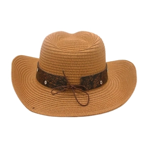 Detailed view of breathable straw sun hat with ethnic style leather band and rhinestones