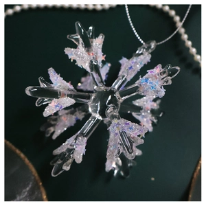Detail of transparent glass snowflake ornament with iridescent star sequins for Christmas