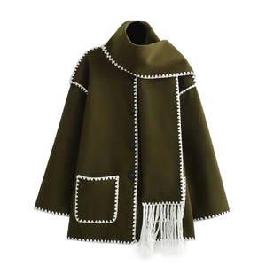 Deep green wool coat featuring an integrated matching scarf with white contrast stitching