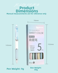 Detailed size specifications of 0.5mm macaron retractable gel pens in 5-pack box