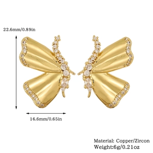 Detailed size chart of gold butterfly earrings with zircon inlay and copper plating