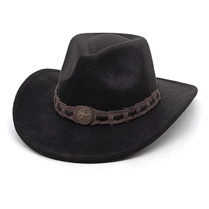 Detail of black wool felt cowboy hat featuring brown hollow band and star metal badge