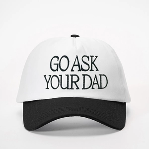 Detailed close-up of GO ASK YOUR DAD embroidery on a two-tone cotton baseball cap