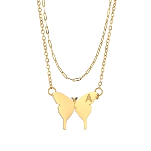 Minimalist double layered 18K gold plated stainless steel necklace with butterfly pendant