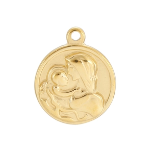 Detailed close-up of a golden round Mary pendant with embossed Mother and Child motif