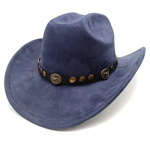 Detail of navy faux suede cowboy hat featuring leather band with bronze bull head medal