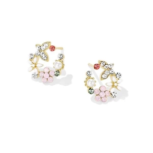 Floral butterfly stud earrings with colorful crystals and pearls on gold base