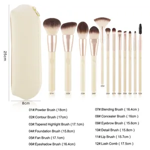 Set di 12 pennelli da trucco da 15,7cm a 18cm con pochette cosmetica color crema