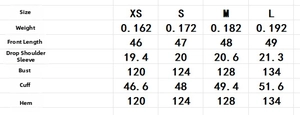 Detailed sizing chart for women's puff sleeve blouse with chest and length measurements