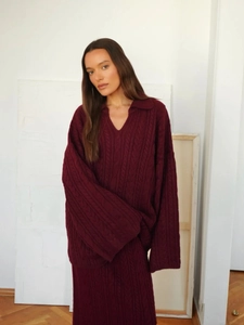 Retro wine red cable knit sweater set with lapel V-neck and matching skirt for women
