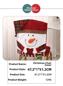 Detail view of 3D snowman Christmas chair cover with red plaid scarf and hat 47cm