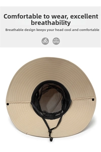 Detail view of khaki wide brim sun hat with breathable mesh interior and windproof drawstring