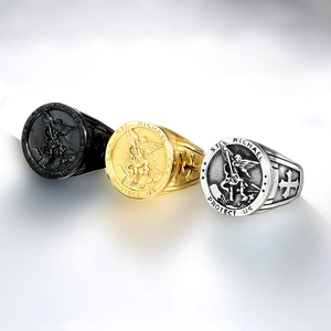 Retro St. Michael stainless steel rings in gold, silver, and black finishes