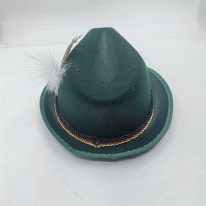 Classic dark green wool felt alpine hat featuring a white feather and braided cord trim