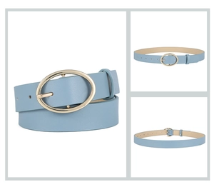 Three-way view of blue leopard pattern PU leather belt with golden oval buckle