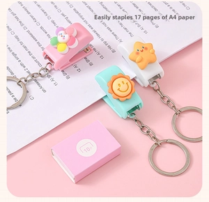 Mini pastel stapler keychains with flower icons capable of binding 17 sheets of A4 paper