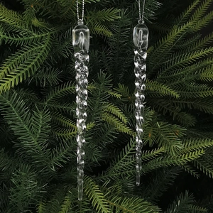 Clear acrylic icicle Christmas tree ornaments with silver string on pine branch