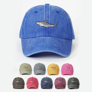 Shark Embroidery Washed Fabric Baseball Cap Adjustable Retro Outdoor Sun Hat Casual Style For Men Women