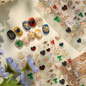 Vintage style nail art stickers with heart clock and star moon designs for DIY manicure
