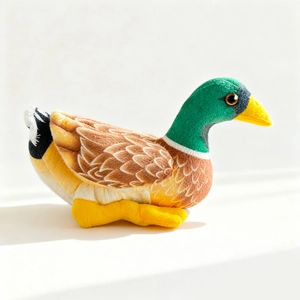 Realistic mallard duck plush toy with green head and soft feathers in a side profile view