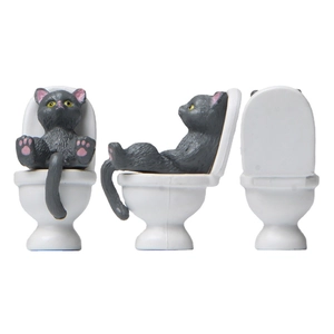 Three cute black cats on white miniature toilets shown from multiple viewing angles