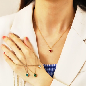 18k gold plated heart pendant necklace with colorful zircon stones on a model