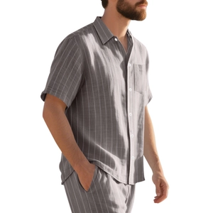 Detail of grey striped short sleeve men's casual shirt set in cotton linen fabric
