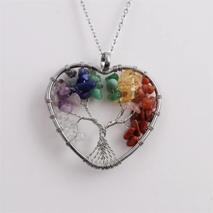 Detail of heart pendant with tree of life wire wrap and multicolor gemstones