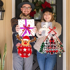Christmas door decorations featuring reindeer ball and plaid tree hangers for holiday parties