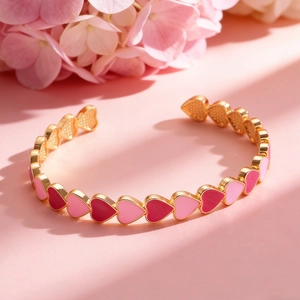 Dettaglio dell'anello a cuore dorato con smalto rosa tra petali di fiori rosa tenero