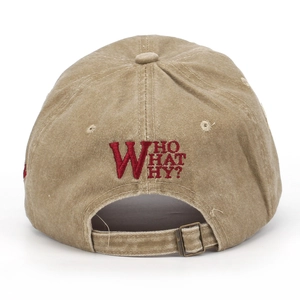 Detail of khaki washed cotton baseball cap back with red WHO HAT HY embroidery