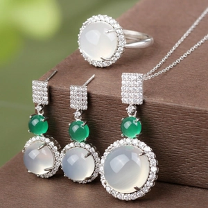Elegant natural chalcedony jewelry set including ring, earrings and pendant necklace