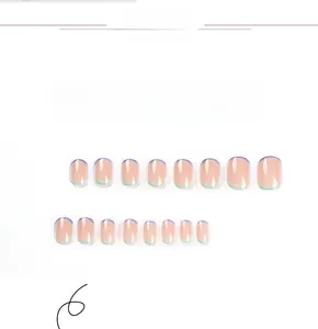Detail of minimalist French press-on nails with purple and mint green dual-color edges