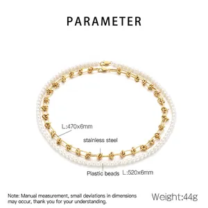 Detailed size chart showing 470mm and 520mm lengths for baroque pearl and steel necklace