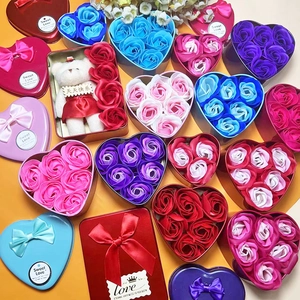 Heart-shaped soap rose flower gift boxes with plush bear and velvet ribbon decor