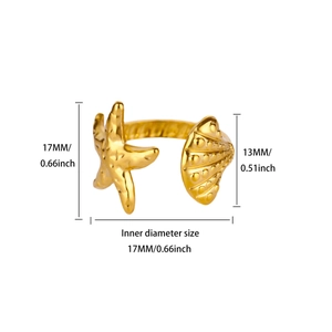 18K gold plated stainless steel open ring with starfish and seashell charms for women