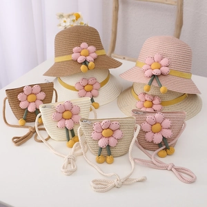 Kids floral straw sun hat and matching crossbody bag set in multiple pastel colors