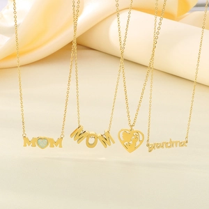 Gold stainless steel MOM and Grandma heart pendants with opal and family silhouettes