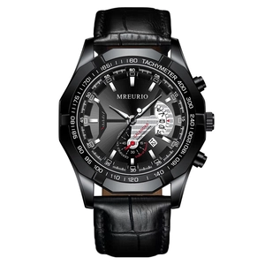 Fashionable black leather chronograph men's watch with calendar and silver details