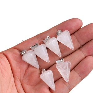Set of six natural white crystal hexagonal cone pendants with polished silver metal clips