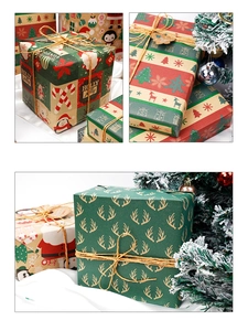 Close-up of Christmas wrapping paper rolls with reindeer and snowflake kraft designs