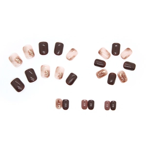 Faux ongles dégradés marron moka avec feuille d'or et accents de fleurs séchées