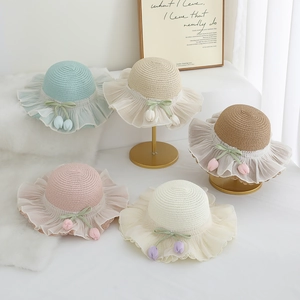 Kids tulip straw sun hat with wide mesh brim and bow in five soft pastel colors