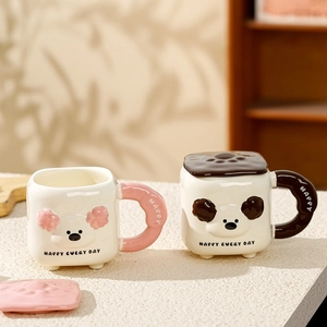 Cute cartoon puppy ceramic mugs with lids and happy every day text in pink and brown