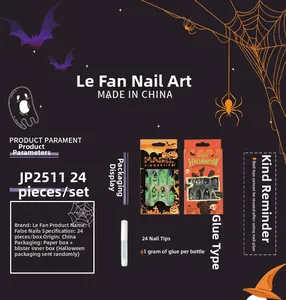 Detail of Halloween press-on nails set with skull and spider web patterns and 1g glue