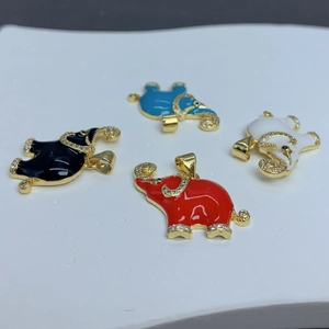 Set of four colorful enamel elephant pendants with gold plating and zircon accents