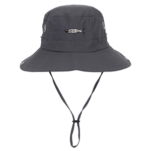 Waterproof wide brim outdoor sun hat with fish embroidery and chin strap in dark grey