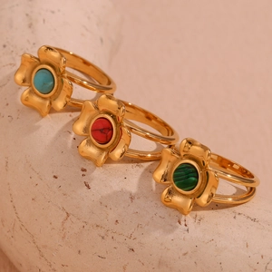 Three 18K gold-plated stainless steel flower rings with turquoise, red and green stones