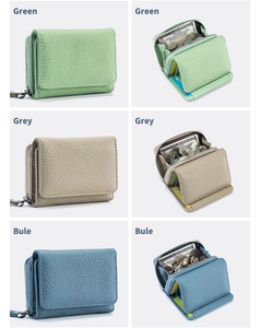 Three-color genuine leather RFID wallets showing interior storage and lychee grain texture